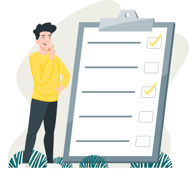 Illustration of a person standing next to a mortgage processing checklist